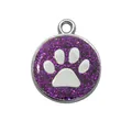 Runder Haustier-Anhänger mit violettem Glitzer und weißem Pfotenabdruck-Motiv - Pfotenabdruck Anhänger (HC459) / 19mm*23mm / Dunkellila