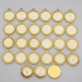 Close-up of gold stainless steel alphabet charms A to Z with white enamel fill. - Round Lace Pendant Only (Without Chain) / Letter A / White