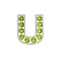 Silver letter U sliding bead with bright green rhinestones for DIY jewelry making - Letter U