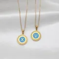 Round gold stainless steel letter pendant necklace with light blue enamel and X V initials - Flat Cross Chain Round Lace Pendant / Letter A / Blue