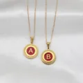 Gold plated stainless steel round pendant necklace with red enamel letters A and B - Flat Cross Chain Round Lace Pendant / Letter A / Red