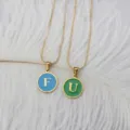 Gold-plated round stainless steel pendant featuring light blue enamel and letter F or U - Round Alphabet Pendant with Snake Chain (Letter-M) / Blue