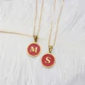 Round red enamel initial letter M and S pendants in gold-plated stainless steel - Round Alphabet Pendant with Flat Cross Chain (Letter-M) / Red