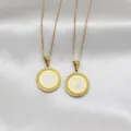 Stainless steel initial letter L and P round pendants with gold finish and enamel center - Flat Cross Chain Round Lace Pendant / Letter A / White