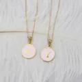 Gold-plated stainless steel necklace with pink enamel initial 'K' and 'Y' pendants - Round Alphabet Pendant with Flat Cross Chain (Letter-M) / Pink