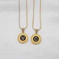 Gold stainless steel round alphabet pendants with black enamel featuring V and C letters - Snake Chain Necklace with Round Lace Pendant / Letter A / Black