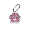 Médaille d'identification animal en forme de patte rose pailletée avec cœur - Avec Anneau (HC592) / 15*18mm / Rose