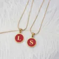Golden stainless steel circular red enamel pendant necklace with letter L and S - Round Alphabet Pendant with Snake Chain (Letter-M) / Red