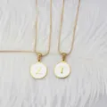 Gold plated stainless steel round charm necklace with white enamel initial letters Z and T - Round Alphabet Pendant with Snake Chain (Letter-M) / Pink