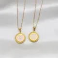 Two round stainless steel alphabet pendants with pink enamel and gold scalloped edges - Flat Cross Chain Round Lace Pendant / Letter A / Light Pink