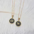 Stainless steel circular letter pendants O and N with black enamel oil drip finish - Round Alphabet Pendant with Flat Cross Chain (Letter-M) / Black