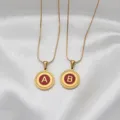 Round stainless steel pendant with red enamel and golden letter A or B for jewelry DIY - Snake Chain Necklace with Round Lace Pendant / Letter A / Red