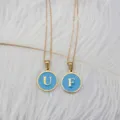 Gold-plated round stainless steel alphabet pendants with light blue enamel U and F - Round Alphabet Pendant with Flat Cross Chain (Letter-M) / Blue