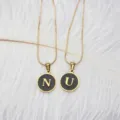 Round stainless steel initial pendant necklace with gold chain and black enamel - Round Alphabet Pendant with Snake Chain (Letter-M) / Black