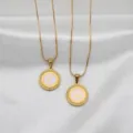 Gold stainless steel round letter pendant necklace with pink enamel and lace border - Snake Chain Necklace with Round Lace Pendant / Letter A / Light Pink