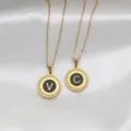 Gold plated stainless steel round alphabet pendant necklaces with black enamel V and C - Flat Cross Chain Round Lace Pendant / Letter A / Black
