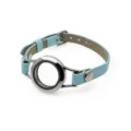 25mm stainless steel round locket bracelet with light blue PU leather strap - Single Wrap Plain Locket Bracelet / 25MM Stainless Steel (Magnetic Flip Open) / Lake Blue