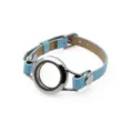 Light blue PU leather strap bracelet with 25mm stainless steel round glass locket - Single Wrap Plain Locket Bracelet / 25MM Stainless Steel (Magnetic Flip Open) / Sky Blue