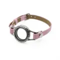 Elegant pink PU leather bracelet featuring a 25mm stainless steel rhinestone locket frame - Single Wrap Bracelet (Rhinestone Locket) / 25MM Stainless Steel (Screw Twist Open) / Pink