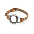 25mm stainless steel floating locket bracelet with brown PU leather strap and rhinestones - Single Wrap Bracelet (Rhinestone Locket) / 25MM Stainless Steel (Screw Twist Open) / Orange