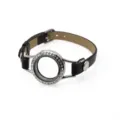25mm stainless steel locket bracelet with black PU leather strap and shiny crystals - Rhinestone Locket (Watch Frame Style) / 25MM Stainless Steel (Screw Twist Open) / Black