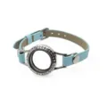 25mm stainless steel locket bracelet with light blue PU leather strap and rhinestones - Rhinestone Locket (Watch Frame Style) / 25MM Stainless Steel (Screw Twist Open) / Lake Blue