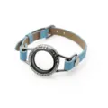 25mm stainless steel rhinestone locket bracelet with light blue PU leather strap - Rhinestone Locket (Watch Frame Style) / 25MM Stainless Steel (Screw Twist Open) / Sky Blue