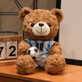 Cute brown teddy bear plush toy in a blue striped football jersey holding a soccer ball - 16cm / Brown Bear Blue White Stripes (Argentina)