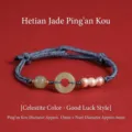 Handgefertigtes Hetian Jade Ping'an Kou Armband mit Perlen und celestinblauem Kordel - Ping'an Schnallenstil / Sicherheitsknopf ca. 13mm + Perle ca. 6mm / Azurblau
