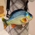 Close-up detail of realistic crucian carp fish-shaped plush crossbody shoulder bag - Blue Carp Bag / 30 cm