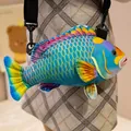 Unique 3D tropical fish plush crossbody bag featuring realistic multicolored scale patterns - Multicolor Green Carp Bag / 30 cm