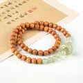 Traditional sandalwood double-wrap bracelet with light green jade beads and ring - Light Barbie Sandalwood and Jade Double Loop Style