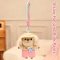 Cute puppy plush bag charm keychain featuring a miniature straw hat and pink trousers - Beige Long Plush Style / Straw Hat Pink Pants