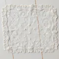 Detail of square white lace tablecloth with delicate floral embroidery and scalloped edges - 25cm / Apricot