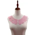 Detail view of a pink water-soluble lace collar with delicate floral embroidery on mannequin. - Dusty Pink