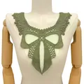 Macro detail of a 3D hollow bow embroidered lace collar patch in sage green color - Bow Knot Collar / Olive Green