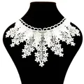 Close-up of white water-soluble lace collar with detailed flower embroidery. - White