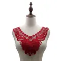 Detailed view of red water-soluble embroidered lace collar applique on mannequin - Burgundy
