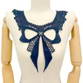 Navy blue water-soluble lace collar applique with hollow butterfly bow embroidery detail. - Bow Knot Collar / Dark Blue
