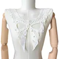Detailed view of white milk silk embroidered lace collar with pearl butterfly bow - Bow Knot Collar (With Artificial Pearls) / White