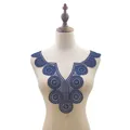 Detailed view of navy blue water-soluble lace collar with 3D embroidery pattern - Dark Blue