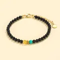 Elegant black onyx beaded bracelet with yellow honey wax, turquoise and gold clasp - Turquoise Amber Black Agate Bracelet