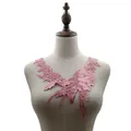 Detail view of a pink water-soluble lace flower embroidered fake collar on a mannequin - Purple Pink