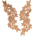 Close-up detail of golden bronze 3D floral water-soluble lace embroidery applique trim - Gold Coffee