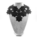 Detailed view of black water-soluble lace embroidered floral pattern fake collar - Black