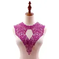 Detailed view of magenta water-soluble lace embroidery collar on a beige mannequin torso - Deep purple