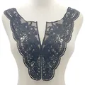 Intricate black water-soluble lace collar applique with hollow floral embroidery details - Black