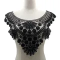 Detail of black water-soluble lace floral embroidery collar with hollow design - Black