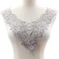 Exquisite detail view of silver 3D embroidered lace collar with hollow floral design - Gray
