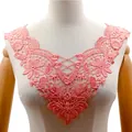 Detailed view of pink water-soluble lace floral embroidery collar on a mannequin - Rose Red